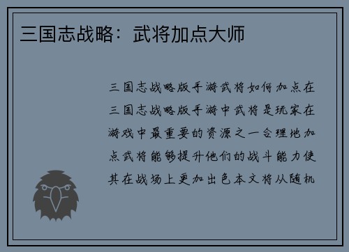 三国志战略：武将加点大师